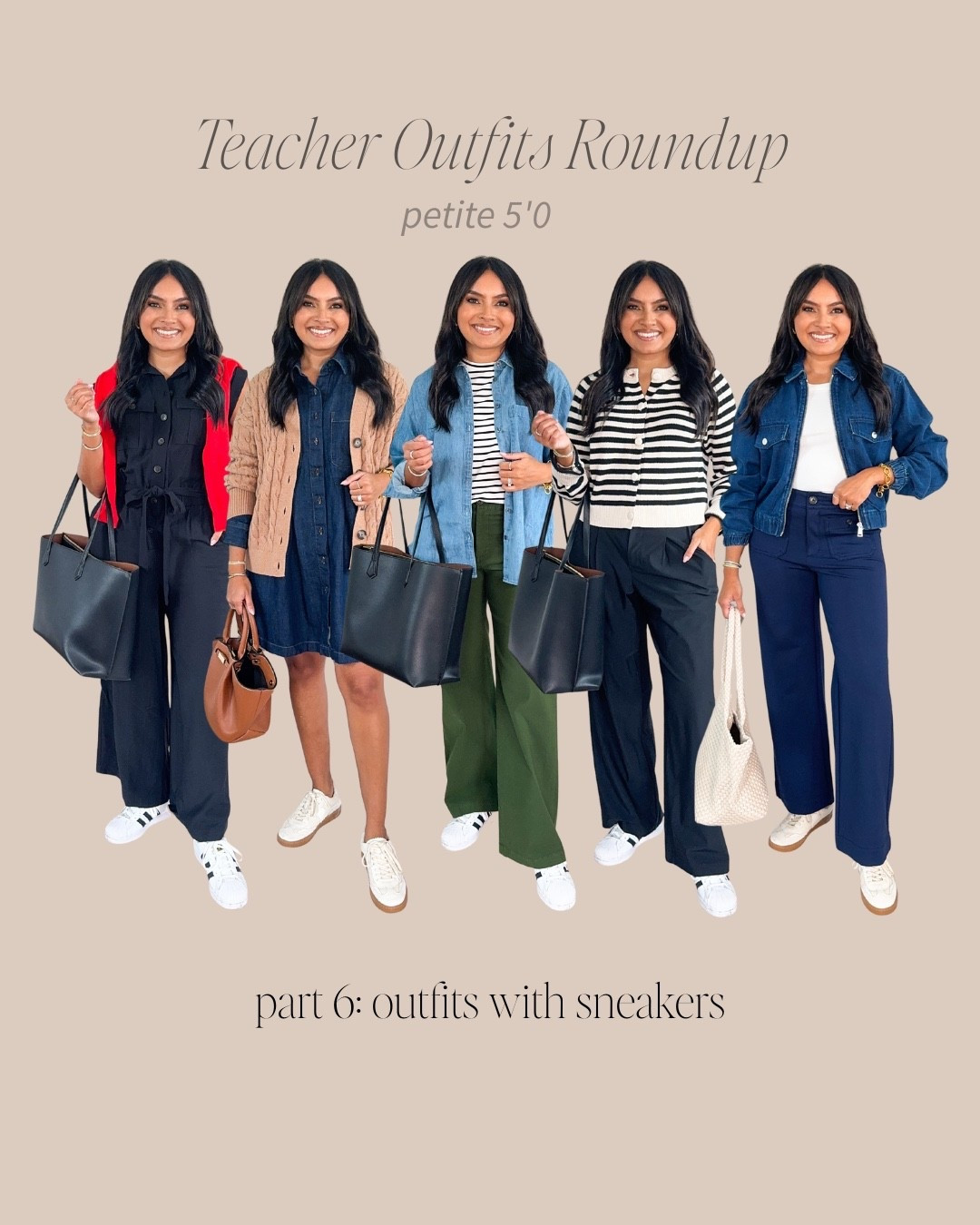 Teacher & Office Casual Outfits Part 6 - with Sneakers
For reference: I’m 5’0, 32b bra size, and 2/26 in bottoms, pear shaped. 
*Everything I share is unaltered! TTS means true to size.

Black jumpsuit size xs petite TTS
Red cardigan size xs petite TTS
Black and white sneakers size 5.5 / 6.5 TTS

Camel cable knit cardigan size xs petite TTS
Denim dress size xs petite TTS
Sneakers size 6 TTS - color ecru mesh 

Denim button down shirt size xxs petite TTS - roomy fit so went with the xxs
Black stripe tee size xxs regular TTS
Olive green pants size 26 petite TTS
Black and white sneakers size 5.5 / 6.5 TTS


Black stripe cardigan size xs TTS
Black pants size xs petite TTS
Black and white sneakers size 5.5 / 6.5 TTS

Denim jacket size xs petite TTS
White tank size xs petite TTS
Blue pants size 2 petite TTS
Sneakers size 6 TTS - color ecru mesh 


Teacher outfits
Back to school
Office casual
Smart casual 
Fall outfit ideas
Casual style
Pull on pants
Petite outfits
Summer outfit ideas
Wear to work
Dresses with sneakers 
Travel outfits
Rachel Miranda Blog
Honeysweetpetite
Honey Sweet Petite

Comment SHOP below to receive a DM with the link to this post on my LTK ⬇ https://liketk.it/5l0BR #ltksalealert #ltkworkwear #ltkpetite

#LTKPetite #LTKWorkwear #LTKSaleAlert