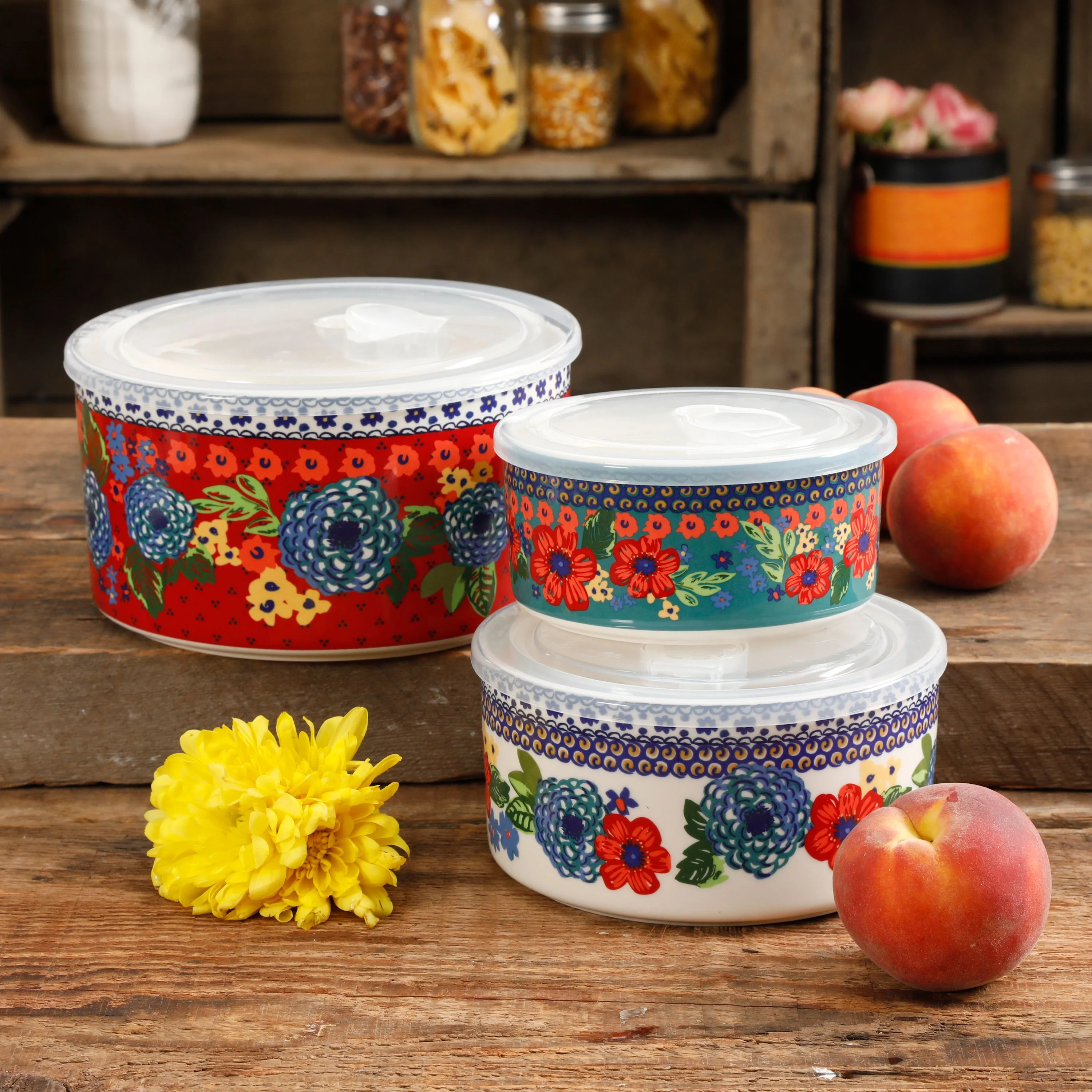 The Pioneer Woman Dazzling Dahlias 6-Piece Ceramic Bowl Set with Lids - Walmart.com | Walmart (US)