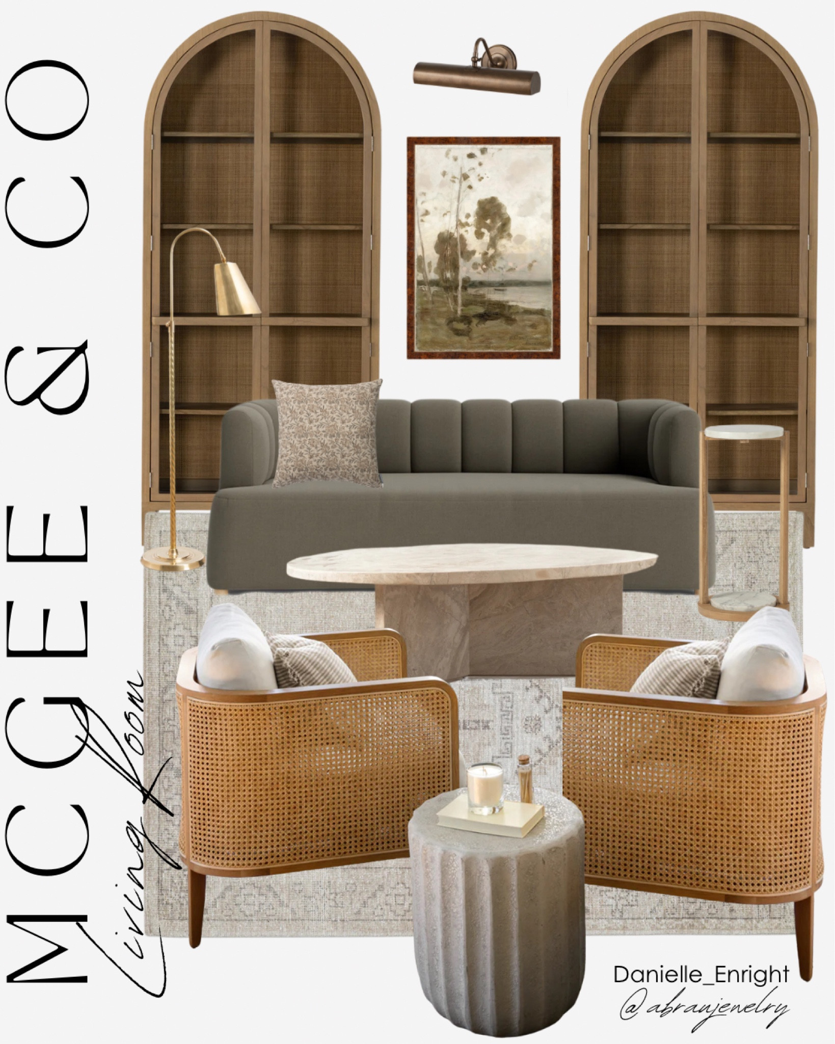 Studio McGee & Co. Best Sellers!  New Arrivals for a modern organic  traditional living room. Love the wood tones and texture of the stone tables together. 

🏷️ couch, green modern couch, neutral chairs, living room furniture, coffee table, gold lamp, black bookcase, abstract art, picture light, side table, neutral rug , living room decor , stone coffee table , neutral living room , arch cabinet 