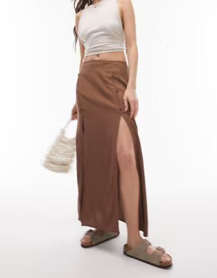 Topshop button split midi skirt in chocolate | ASOS (Global)