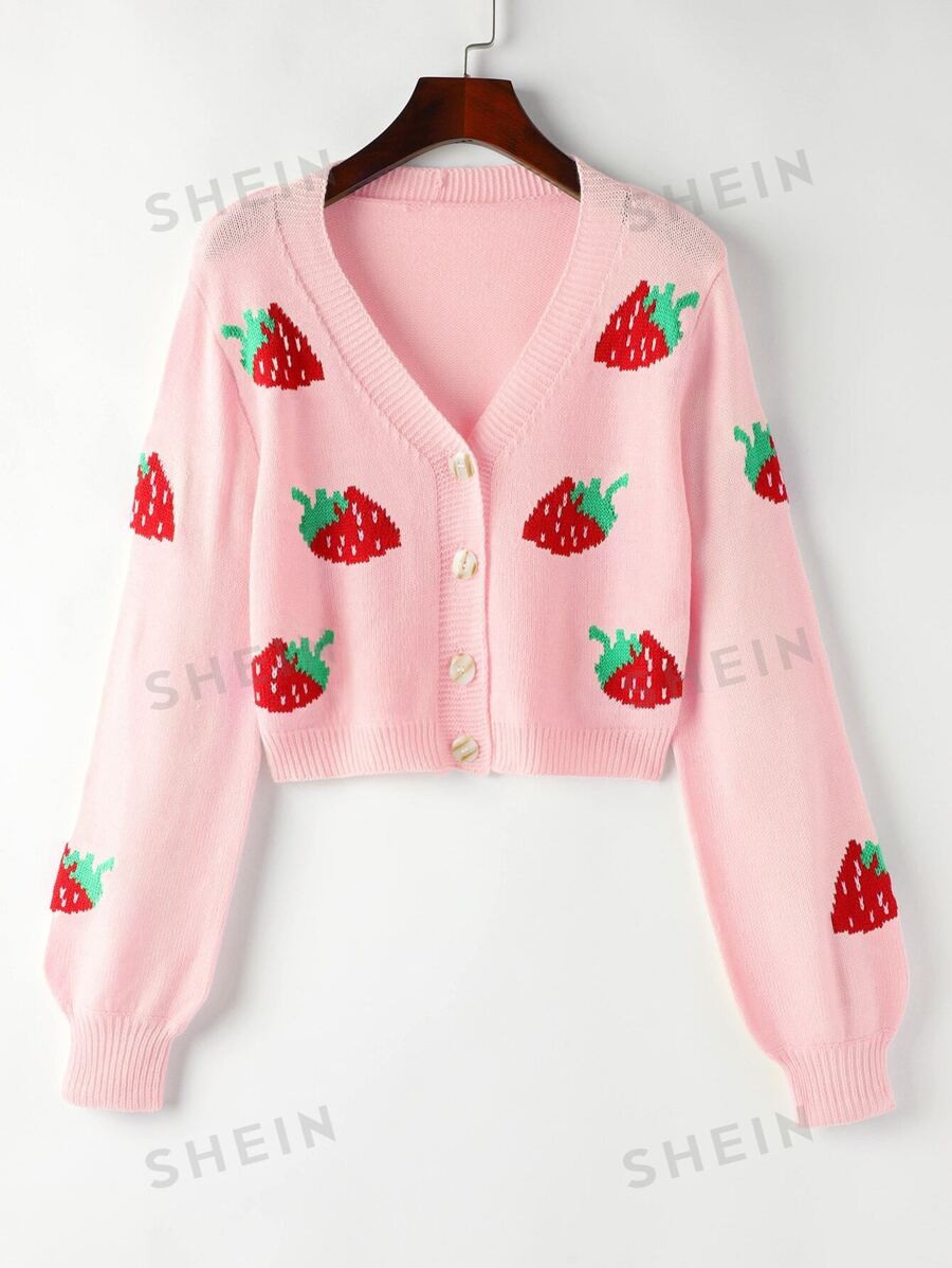 SHEIN MOOSTA Strawberry Pattern Cardigan | SHEIN
