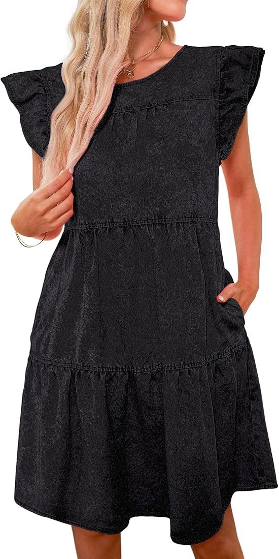 Amazon.com: luvamia Ruffle Sleeve Babydoll Dress for Women Jean Dresses for Women Denim Black Min... | Amazon (US)