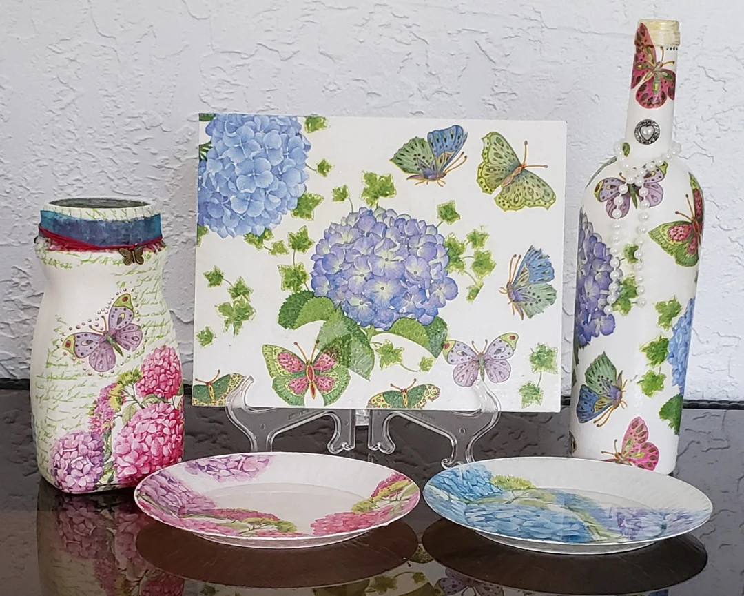 Pink - blue - Decoupage Kitchen decor - Home decor - Bottle plates tile jar - blue and pink hydra... | Etsy (US)