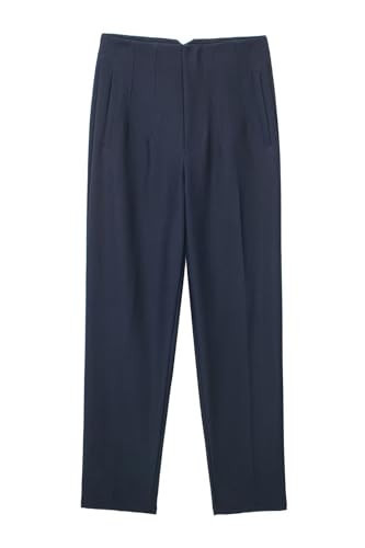 JEAAMKSSER Women's High Waisted Business Trousers Straight Leg Pleated Office Slacks Pants Navy Blue L | Amazon (US)