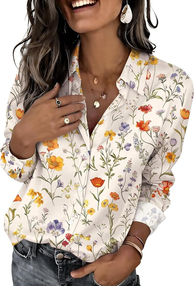 Zeagoo Button Down Shirts for Women Dressy Floral Printed Long Sleeve Blouse Business Casual Work... | Amazon (US)