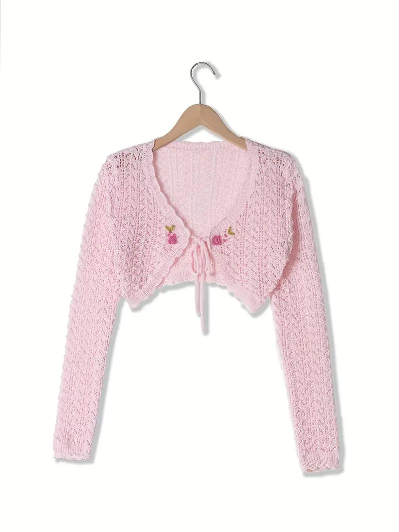Tie Front Cropped Knit Cardigan Sexy Long Sleeve V Neck - Temu Canada | Temu Affiliate Program