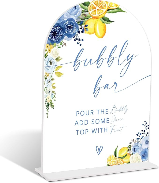 Blue Floral Lemon Bubbly Bar Sign, Something Blue Wedding Signage for Reception, Arch Acrylic Sig... | Amazon (US)