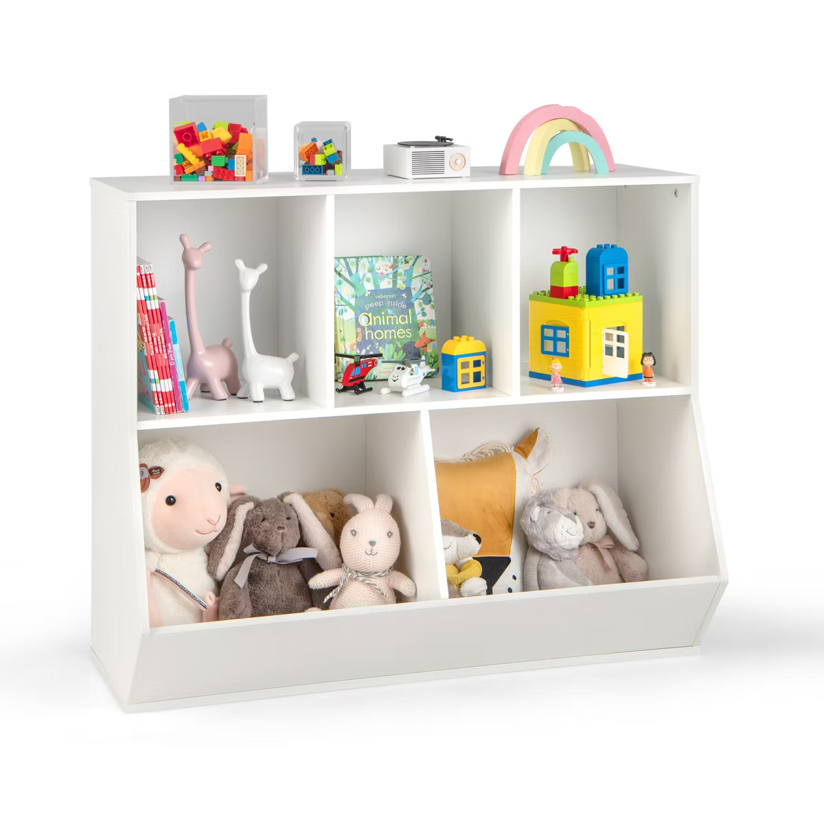 Costway 5-Cubby Kids Toy Storage Organizer Wooden Bookshelf Display Cabinet White | Target