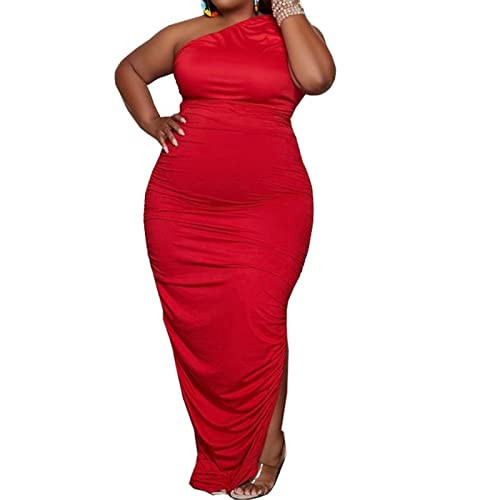 Womens Sexy Plus Size Dress One Off Shoulder Dress Sleeveless Bodycon Ruched Evening Pencil Party Maxi Dresss Red 1X | Amazon (US)