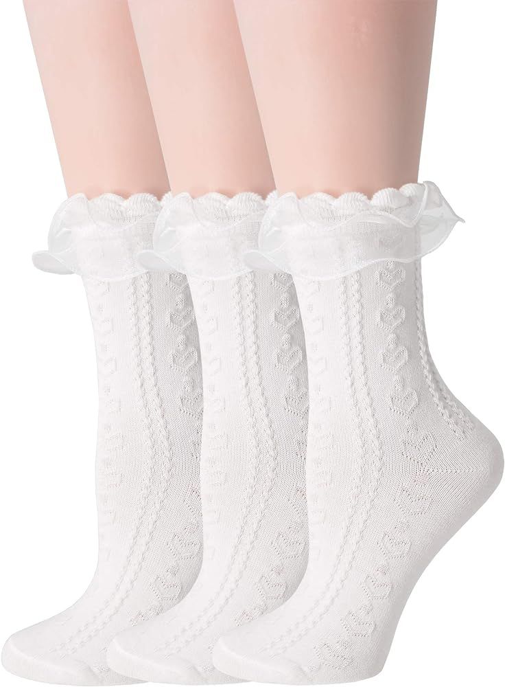 SRYL Women Ankle Socks, Lace Ruffle Frilly Comfortable Cotton Socks Fashion Ladies Girl Princess | Amazon (US)