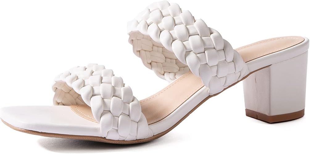 Women Heeled Sandals Woven Block Square-toe Leather Comfortable Strappy Casual Sandals | Amazon (US)