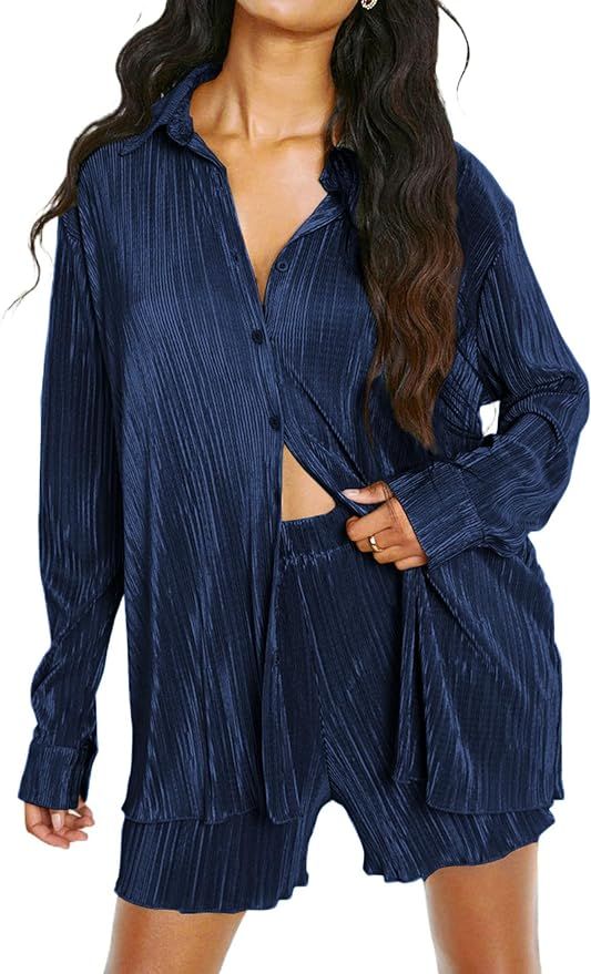 Ekouaer Pleated Sets for Women 2 Piece Lounge Shorts Set Long Sleeve Button Down Shirts Outfits | Amazon (US)