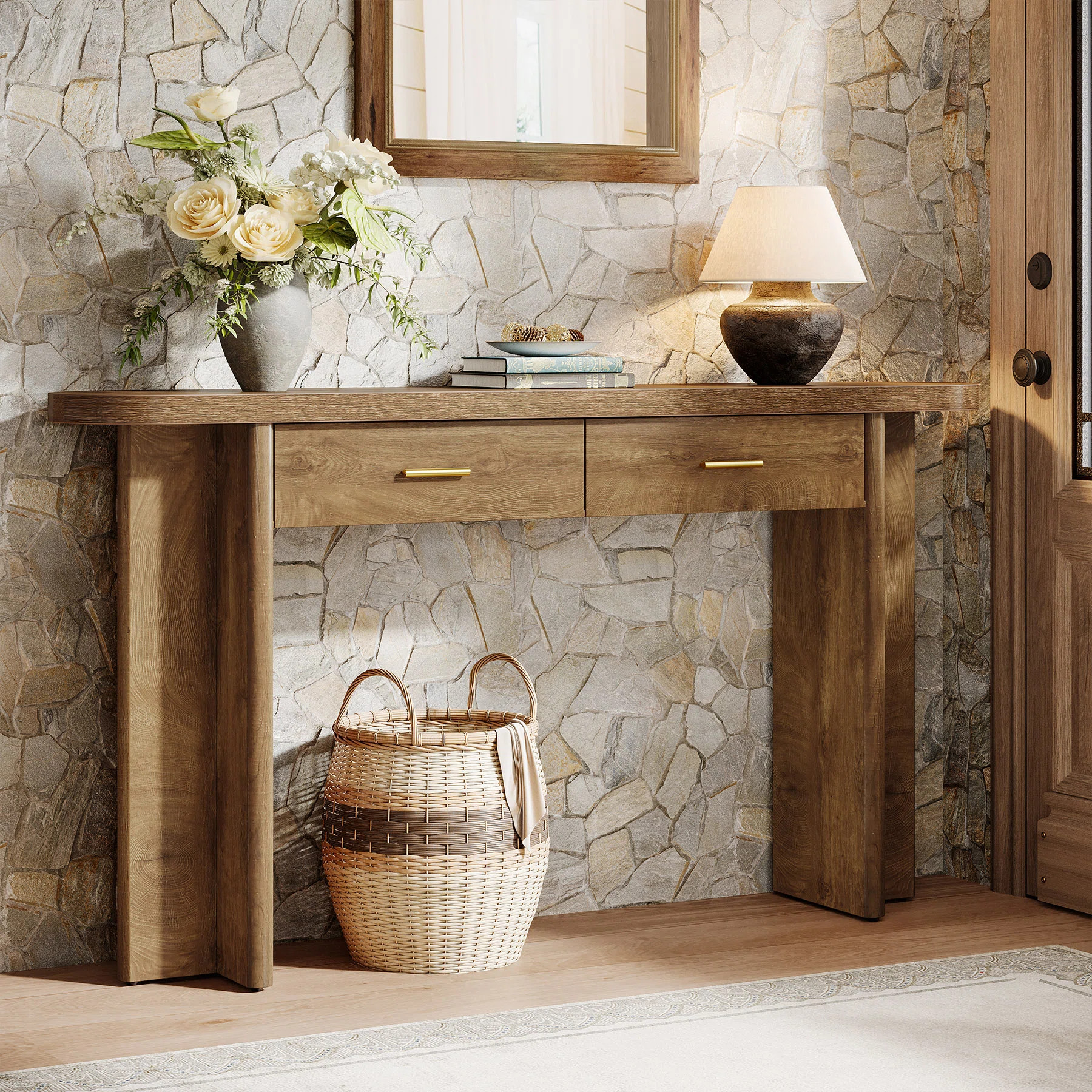 63" Wooden Console Table with 2 Drawers, Narrow Entryway Table with Adjustable Foot Pads, Modern Rustic Brown Finish | Wayfair North America