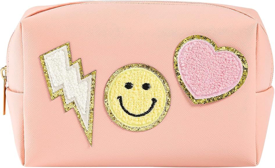 Preppy Patch Makeup Bag Leather Cosmetic Bag Small Makeup Pouch, Waterproof Travel Toiletry Organize | Amazon (US)