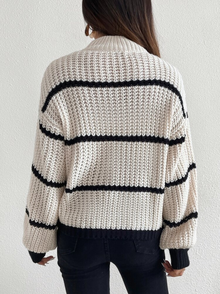 Striped Mock Neck Drop Shoulder Sweater | SHEIN