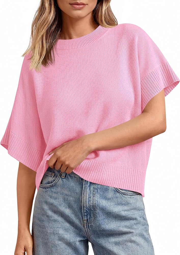 Saodimallsu Womens Short Sleeve Sweaters Crew Neck Lightweight Casual Loose Fit Summer Knit Pullo... | Amazon (US)