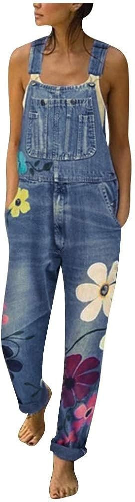 Denim Overalls Jumpsuit Casual Floral Printed Baggy Loose Bib Jeans Pants Rompers with Pockets | Amazon (US)