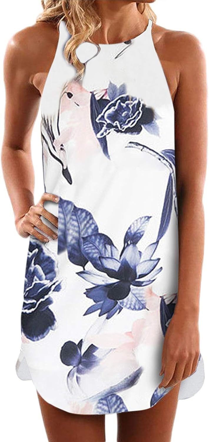 Asvivid Womens Halter Floral Printed Sleeveless Beach Mini Casual Dress Summer Short Sundresses | Amazon (US)