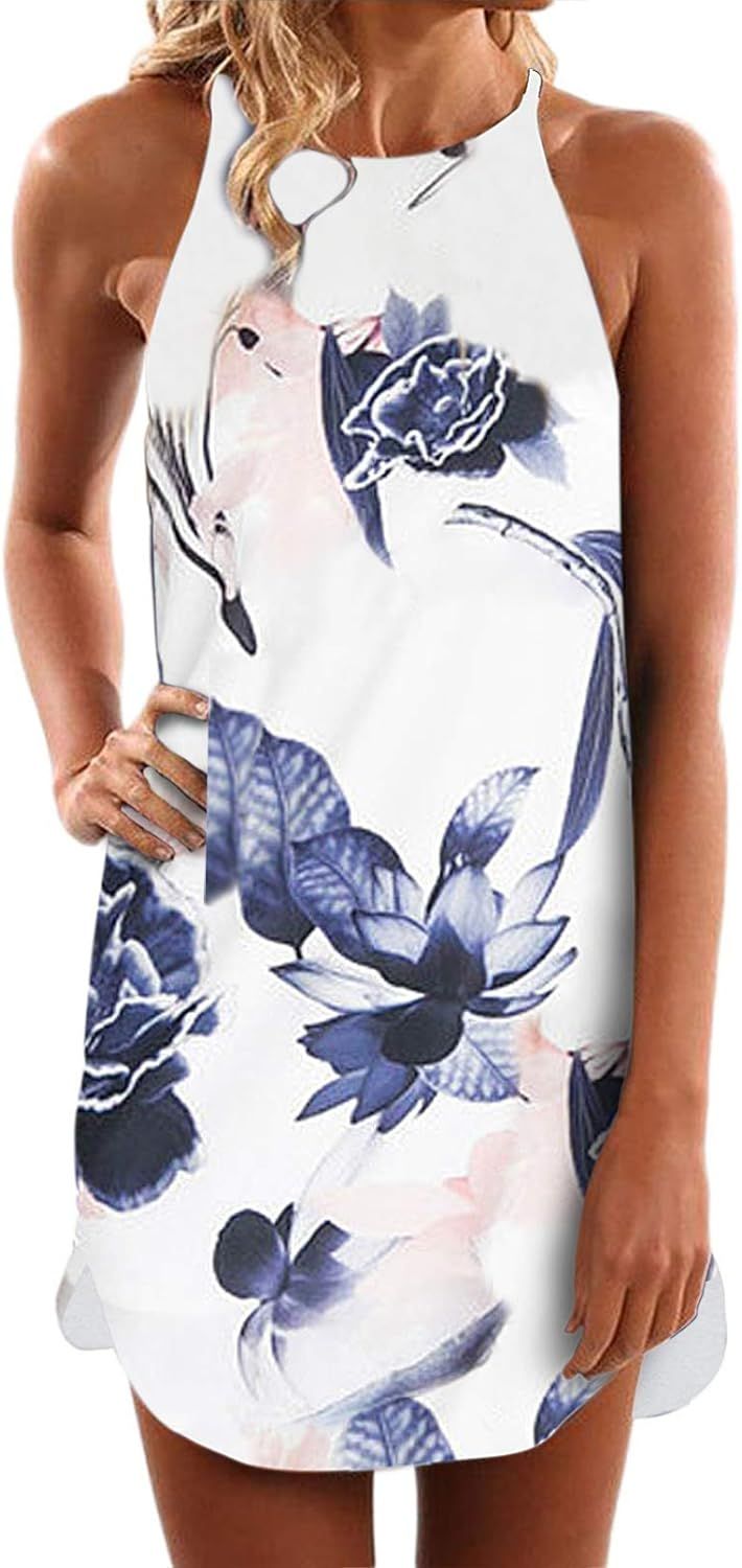 Asvivid Womens Halter Floral Printed Sleeveless Beach Mini Casual Dress Summer Short Sundresses | Amazon (US)