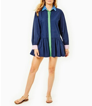 Lane Color Block Point Collar Long Blouson Sleeve Peplum Dropped Waist Flounce Mini Shirt Dress | Dillard's