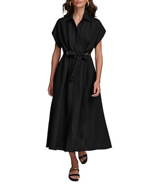 Donna Karan Short Sleeve Point Collar Tie Waist Linen Blend Midi A-Line Dress | Dillard's | Dillard's