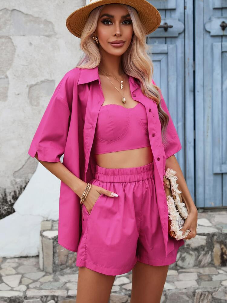 Solid Tube Top & Shorts & Drop Shoulder Shirt | SHEIN