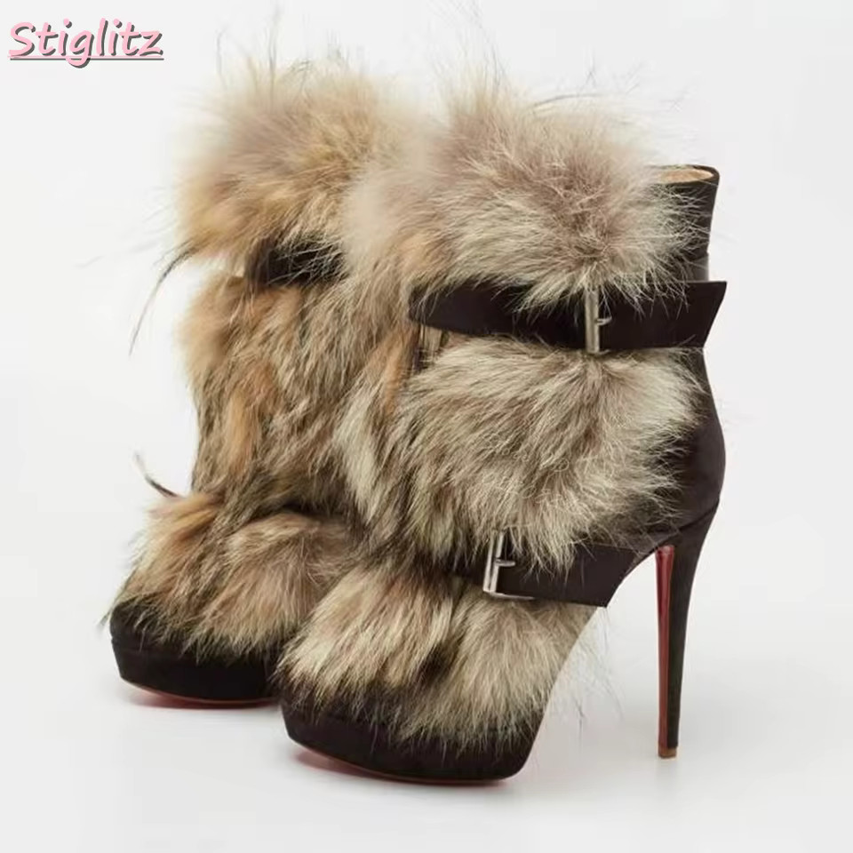 Retro Faux Fur Ankle Boot Pointed Toe Buckle Straps Slip-on Thin High Heels Boots 2025 Autumn New... | AliExpress (US)