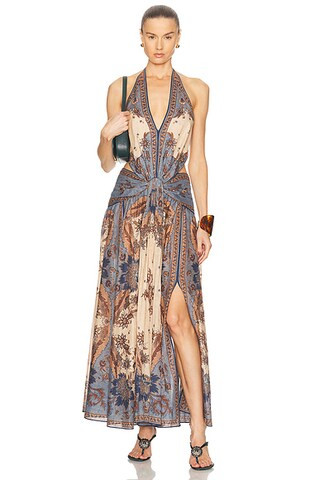Zimmermann Ascension Plunge Halter Maxi Dress in Blue & Cream Indienne Floral | FWRD | FWRD 
