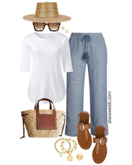 Plus Size Summer Coastal Grandmother - A plus size summer outfit with classic style. Plus size linen pinstriped pants and a white tee with tan sandals, straw tote bag, and boater hat. Alexa Webb

#LTKStyleTip #LTKSeasonal #LTKPlusSize