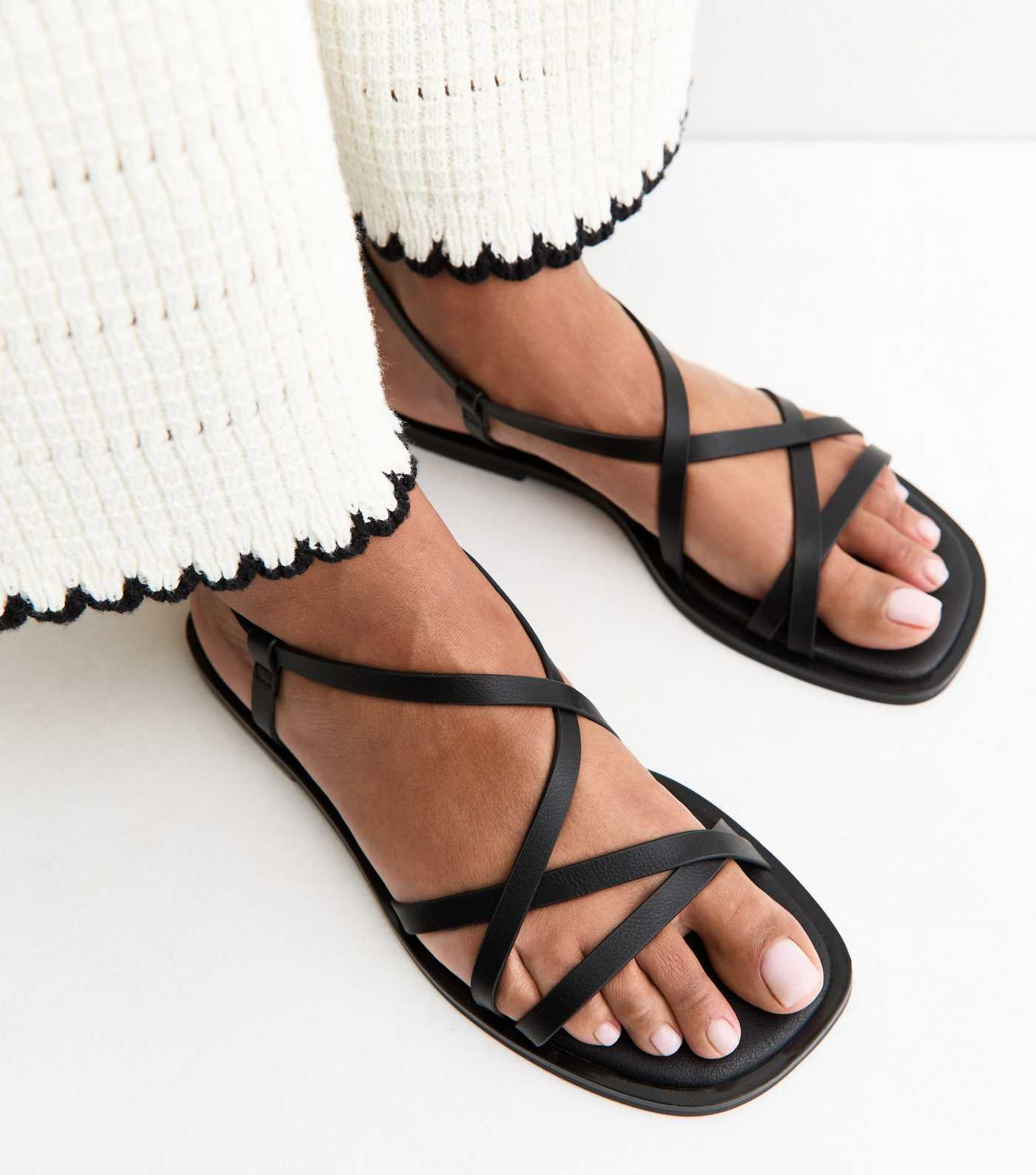 Black Faux Leather Strappy Square Toe Flat Sandals | New Look | New Look (UK)