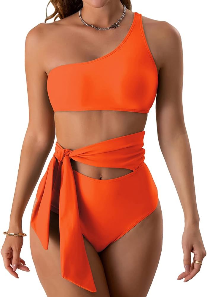 Eomenie Tummy Control Two Piece Bathing Suits for Women One Shoulder 2 Piece Swimsuit Tie Side Hi... | Amazon (US)