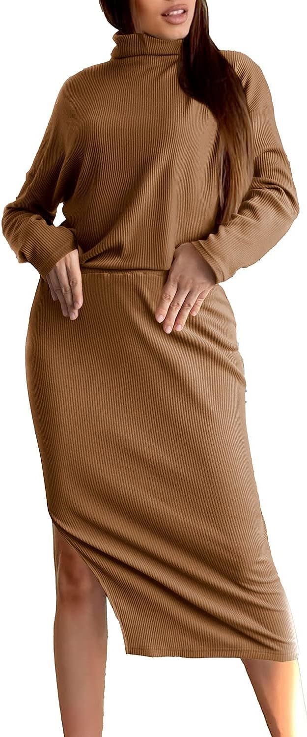 PRETTYGARDEN Women's 2 Piece Outfit Fall Long Sleeve Turtleneck Knit Ribbed Top Midi Skirt Dress ... | Amazon (US)