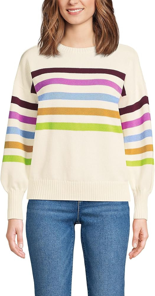 Lands' End Women's Petite Drifter Jersey Crewneck Sweater Small Ivory Placed Multi Stripe | Amazon (US)