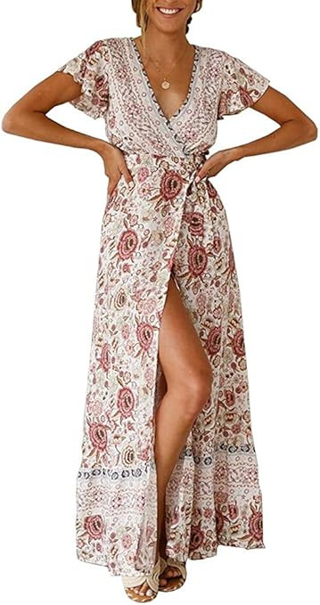 PRETTYGARDEN Women Boho Summer Side Split Deep V Neck Short Sleeves Maxi Dress with Belt | Amazon (US)