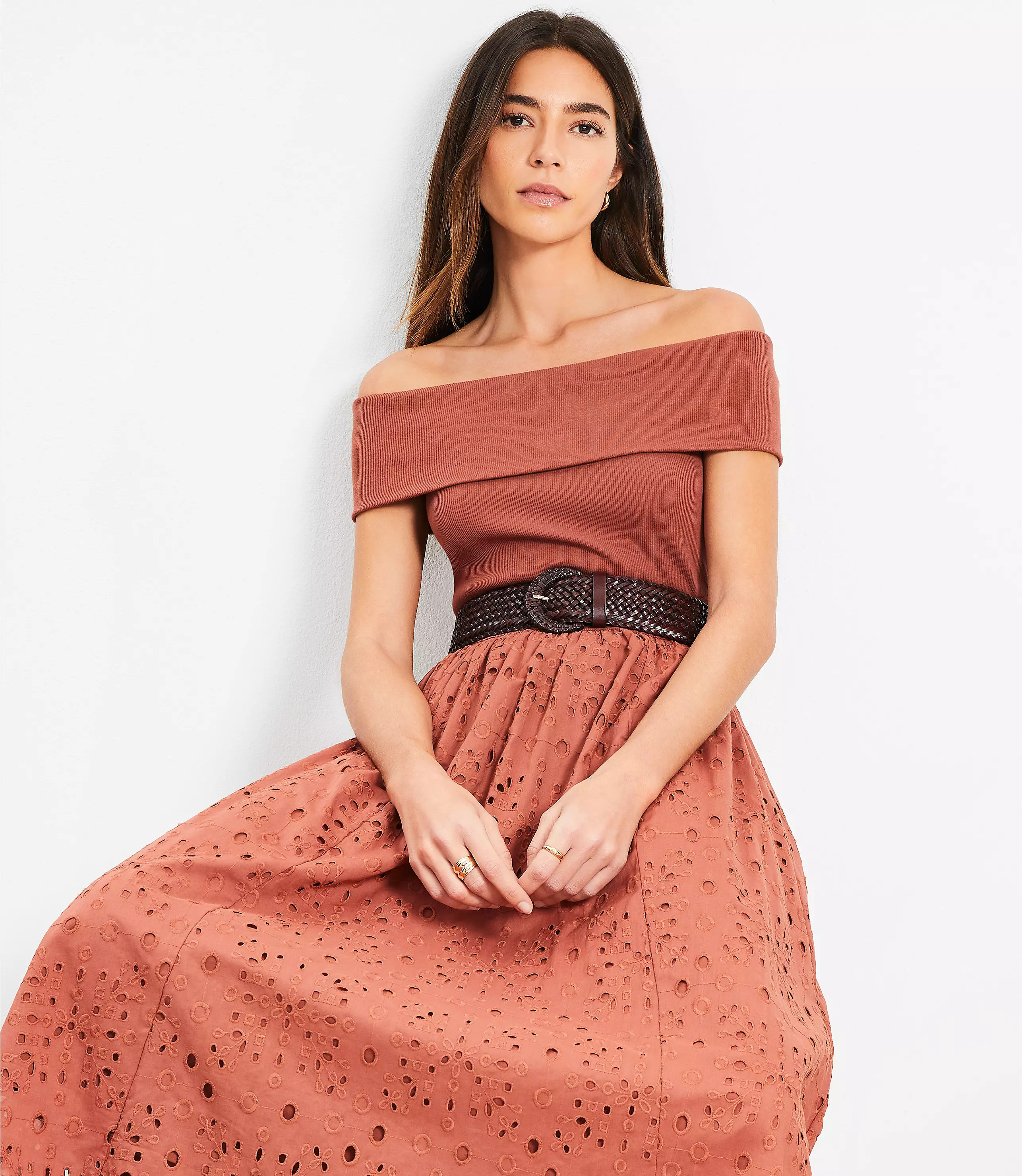 Eyelet Off The Shoulder Midi Dress | LOFT