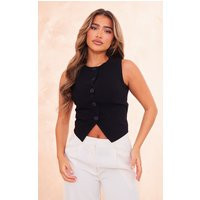 Black Round Neck Button Down Vest Top | PrettyLittleThing US
