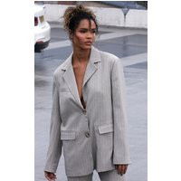 Grey Tailored Woven Pinstripe Oversized Blazer | PrettyLittleThing US