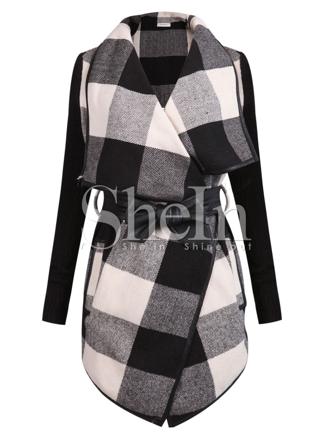 Check Plaid Contrast Ribbed Sleeve Belt Coat | SHEIN