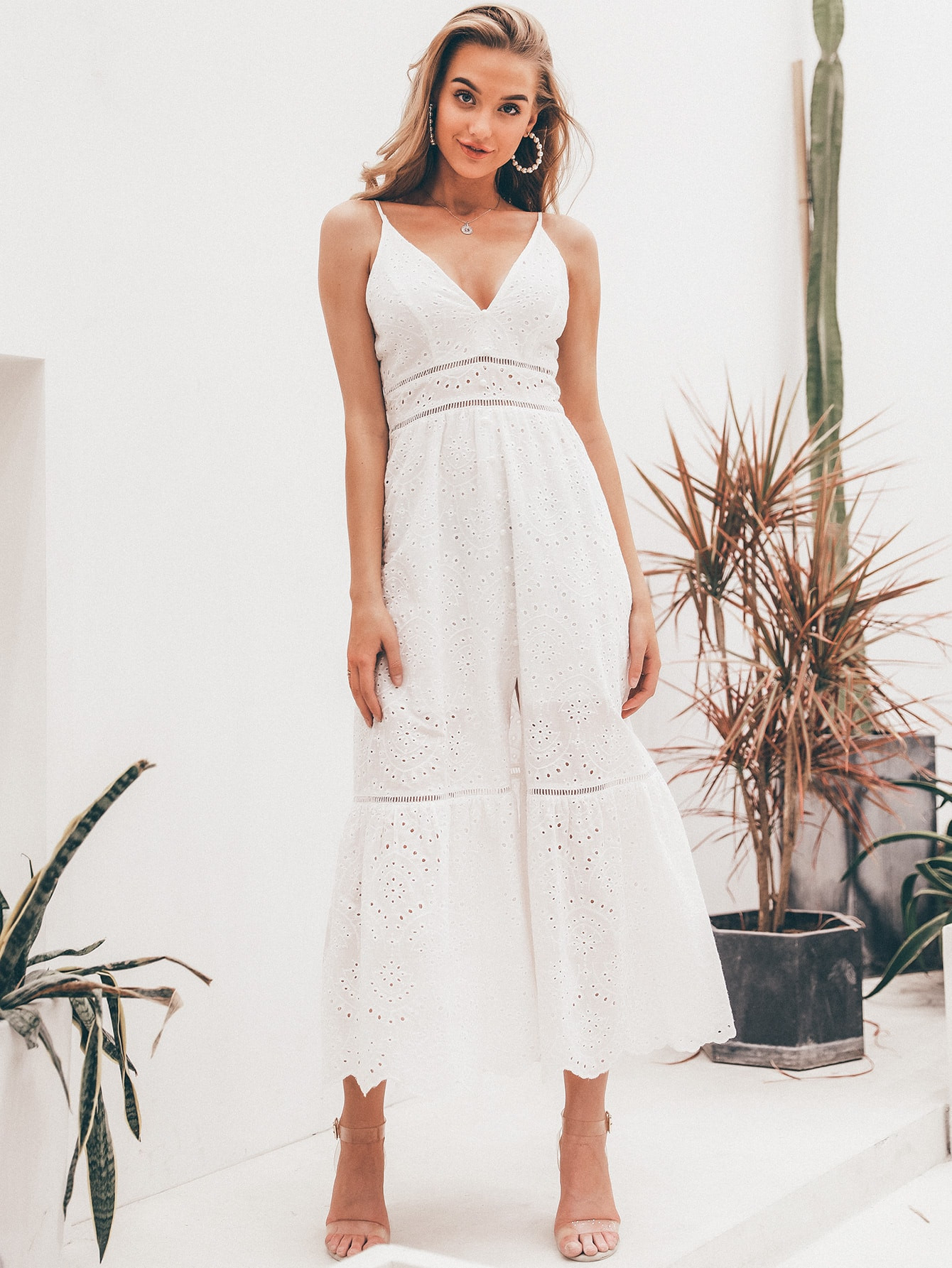 Simplee Eyelet Lace Insert Button Front Scallop Edge Schiffy Cami Dress | SHEIN