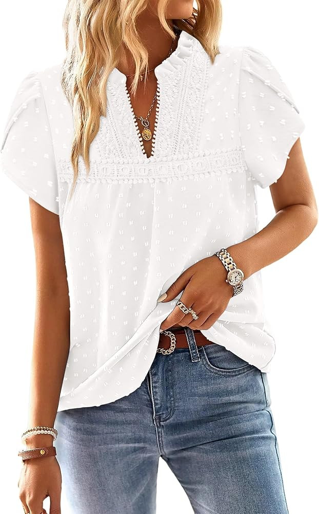 ONLYSHE Boho Tops for Women Short Sleeve Shirts Vneck Ruffle Flowy Womens Blouses Dressy Casual L... | Amazon (US)