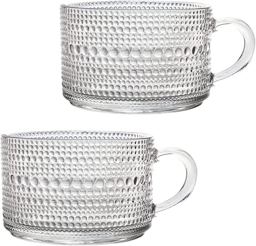 Amzcku Vintage Coffee Tea Cups, Glass Mugs 14 Oz Set of 2 Embossed Glassware with Handle, for Cap... | Amazon (US)