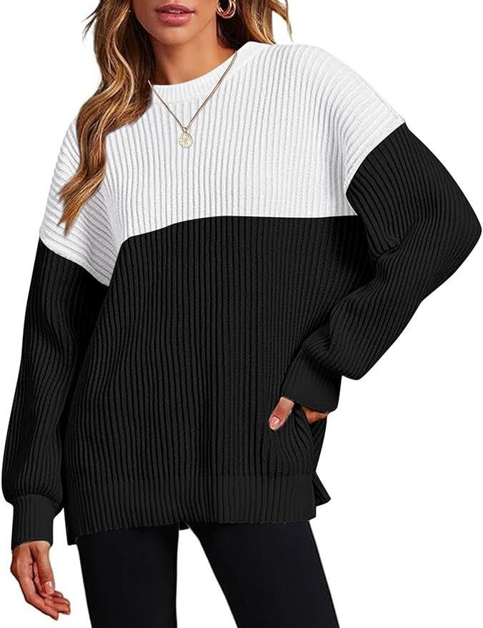Zeagoo Women 2024 Fall Sweater Crew Neck Casual Long Sleeve Color Block Loose Pullover Rib Knit B... | Amazon (CA)
