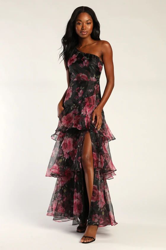 Regal Florals Black Floral Print Organza Tiered Maxi Dress | Lulus (US)