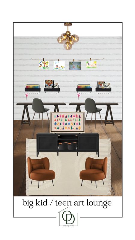 Design board for a big kid playroom or big kid art lounge. Teen lounge area. 

Shallow art table, black console table, kids frame tv art, rust velvet lounge chair, black media stand, neutral rainbow area rug, green dining chairs, art display, art supply wall organizer

#LTKhome #LTKkids #LTKfamily