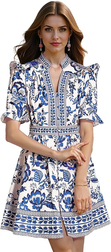 LAI MENG FIVE CATS Women's Button Up Short Puff Sleeve V-Neck Floral Print Split Casual Mini Dres... | Amazon (US)