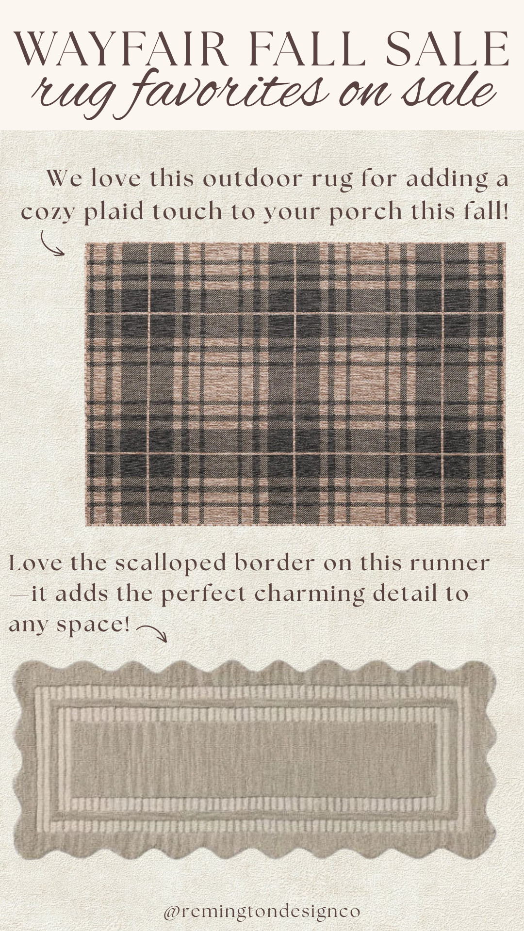 Two rugs, two easy ways to refresh your space for fall! Loving the cozy plaid outdoor rug for a front porch and the charming scalloped runner for inside!

Wayfair fall sale - Wayfair home finds - affordable home decor - fall home decor - outdoor rug - scalloped runner rug - neutral furniture - Wayfair lighting - chandelier - pendant lighting - designer home finds

 

 #LTKmomlife #LTKSeasonal #LTKHome