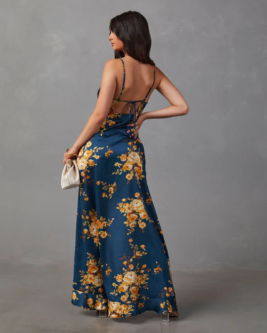 Capriccio Satin Floral Ruffle Maxi Dress | VICI