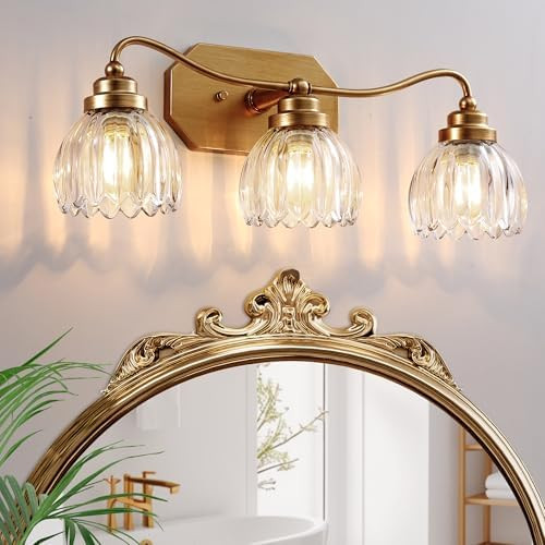 Vintage Bathroom Light Fixtures, Gold Bathroom Vanity Light, Matte Antique Brass Finish with Crys... | Amazon (US)