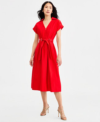 Women's Collared Belted Grommet-Waist Midi Dress | Macy's