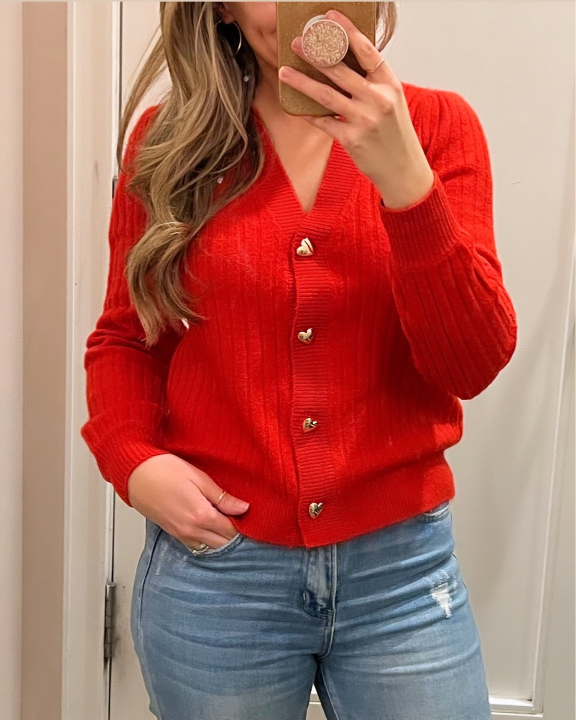Cute red sweater with gold heart buttons. Perfect for a casual Valentine’s Day❤️ 30% off plus extra 20% off with code: YAY  I’m wearing size XS for reference and it’s very soft. 

#LTKsalealert #LTKworkwear #LTKstyletip